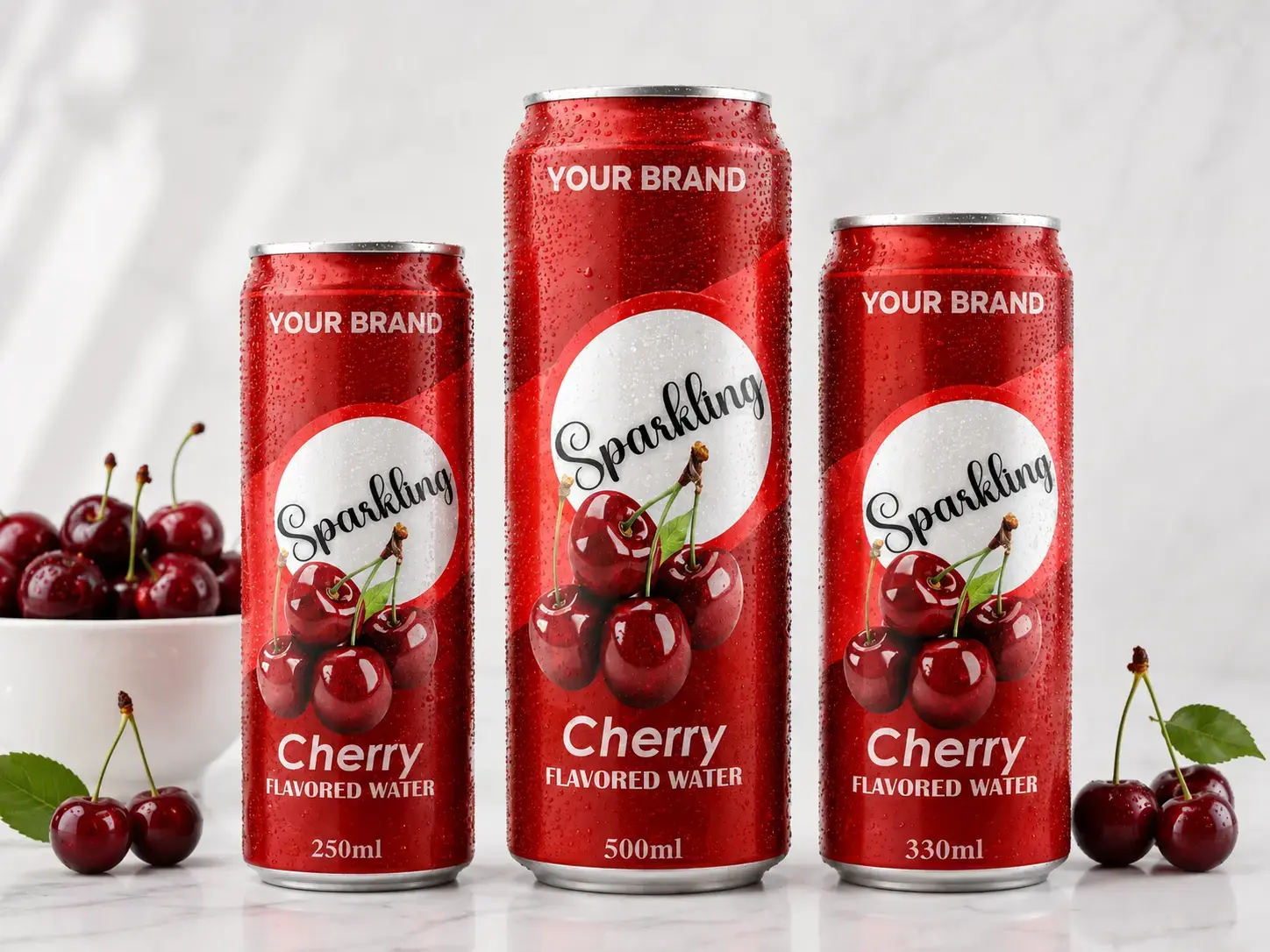 SPARKLING FLAVORED WATER Cherry 250ml, 500ml and 330ml cans with fresh cherries.